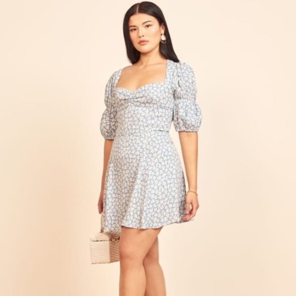 Reformation Light Blue and White Puff-Sleeve Square-Neck Mini Dress - Picture 8 of 9
